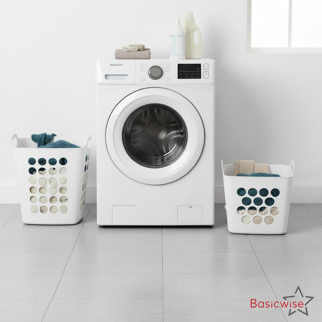 Set of 2 Plastic Laundry Baskets with Handles Large & Small Ventilated Hampers for Clothes Storage & Organization