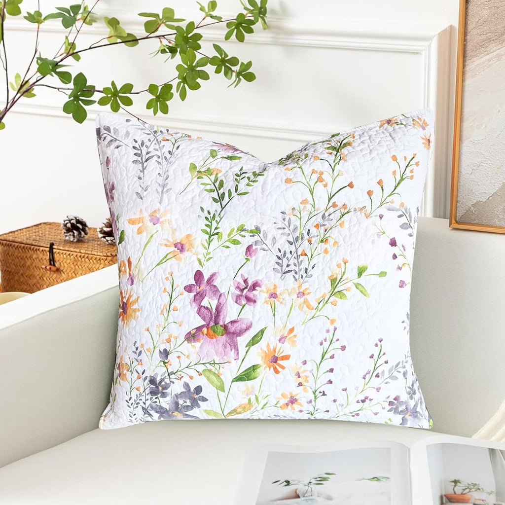 Cotton Euro Pillow Shams (26"x26"), Flowers Botanical Pattern Floral Pillow Cases Extra Soft Breathable Zipper