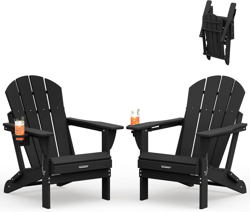 Folding Adirondack Chairs 2 Pack, Patio & Outdoor Chairs, Plastic Weather Resistant with Cup Holder for Deck