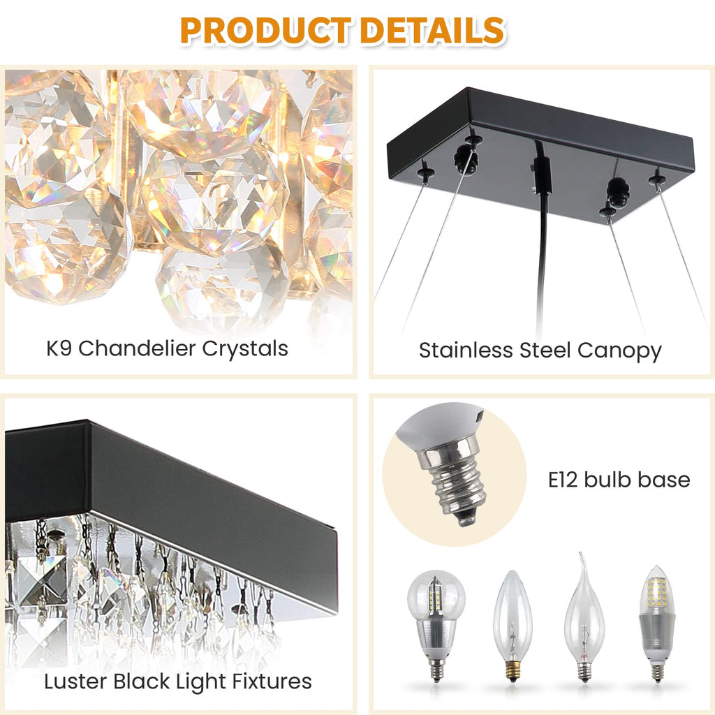 Rectangle K9 Crystal Chandelier Modern Rectangular Pendant Lighting Fixture Kitchen Island Bedroom Black L47'' x