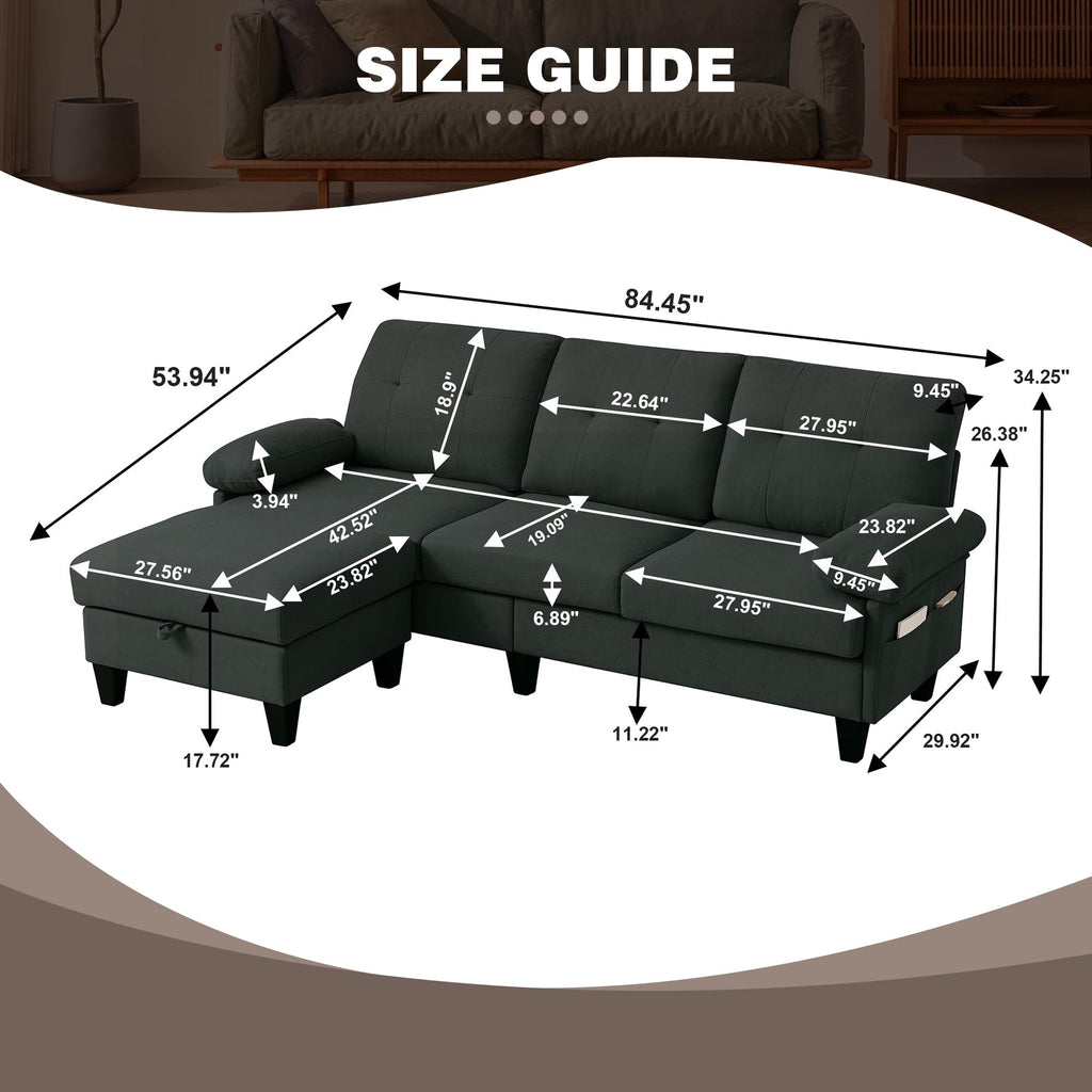 84" Convertible Sectional Sofa, Modern Linen Fabric Small L Shaped Couch with Reversible Chaise, 3-Seat Sofa Couches