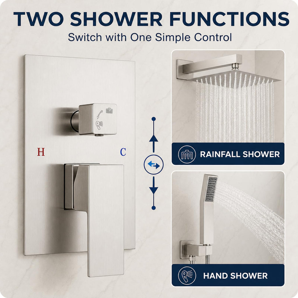 10" Rainfall Shower Faucet Set with Handheld Combo, Brushed Nickel