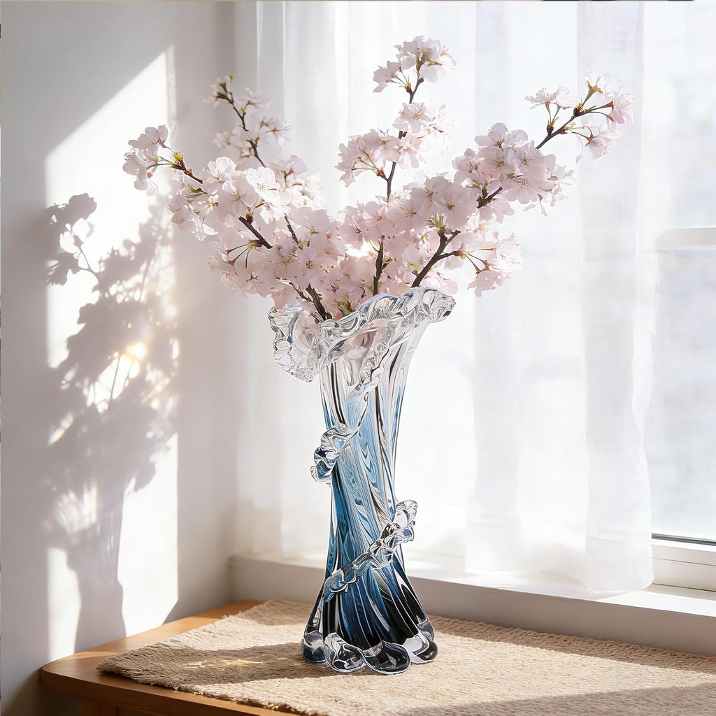 Hand Blown Blue Glass Vase, Unique Art Beautiful Ocean Glass Vase for Coastal Home Decor, Coffee Table, Living Room