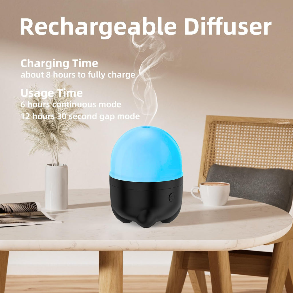 Cordless Essential Oil Diffuser, Built-in 6000mAH Rechargeable Battery, 7 Hours Run Time, 7 Colors LED Light