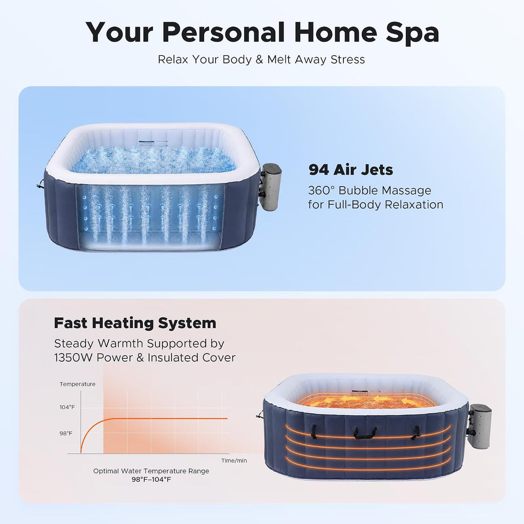 6ft Inflatable Hot Tub, 4-Person Outdoor Spa with 94 Air Jets & Heater | Square 40 °C Powerful Heating & Soothing