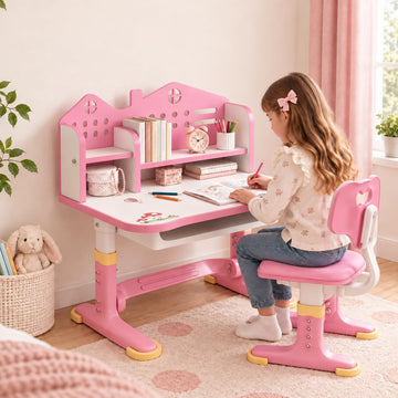 Kids Desk and Chair Set, Height Adjustable Children's Study Desk with Spacious Storage Drawer, Golden Distance