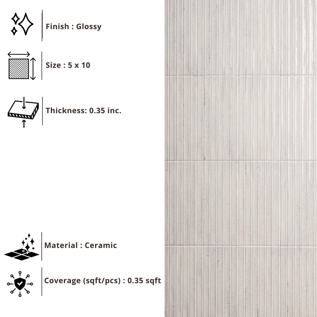 Ivory Glow Glossy Ribbed Ceramic Wall Tile (1 Piece)
