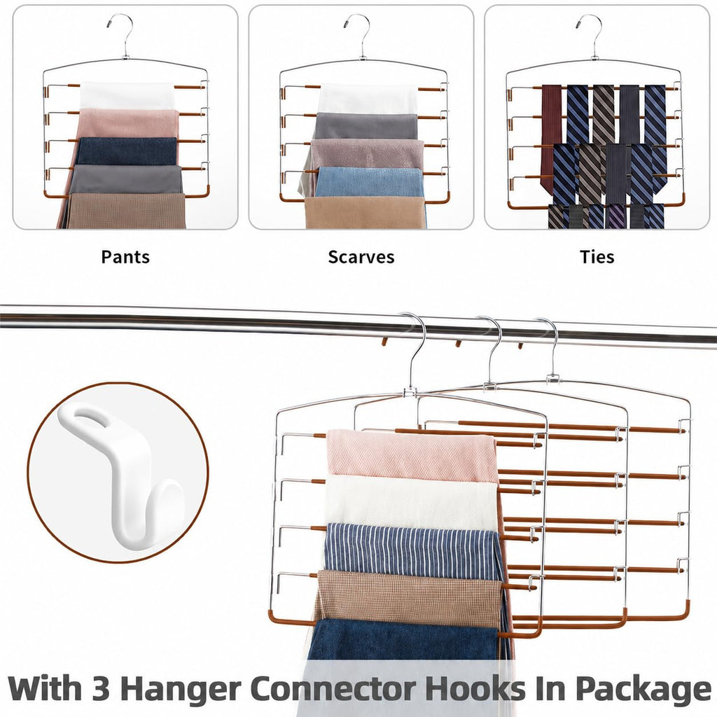 Pants Hangers Space Saving 3 Pack 5 Layer Swing Arm Hanger Brown