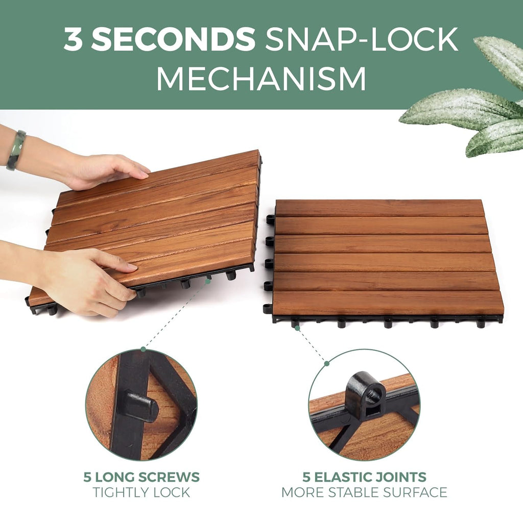 Hardwood Deck Tile (Pack of 10, 12"x12") - Interlocking Patio Tiles in Solid Acacia Wood, Oiled Finish, Waterproof, All