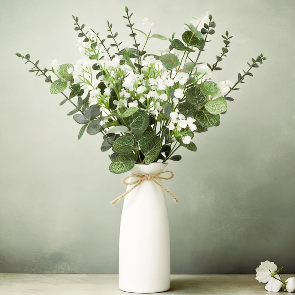 Artificial Flowers in Vase Set, Eucalyptus Stems and Baby's Breath Bundle - Set of 22