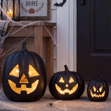 Resin Halloween Pumpkin Decor Pumpkin Lantern, Black - Set of 3