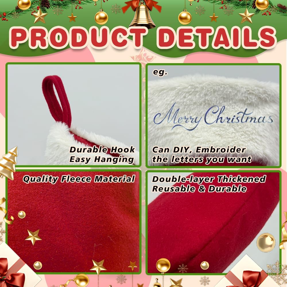 6Pack Red Christmas Stockings Traditional 20 Inch Large Vintage Polyester Plush Luxury Xmas Stocking for Family
