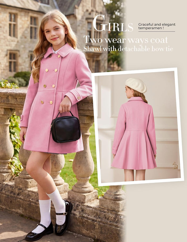 Girls Winter Wool Peacoat Coat Jacket Detachable Capelet