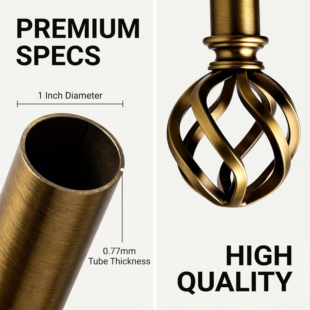 Brass Curtain Rods 18 to 88 Inches, 1 Inch Modern Drapery Rods, Adjustable Heavy Duty Curtain Rod, with Twisted Cage
