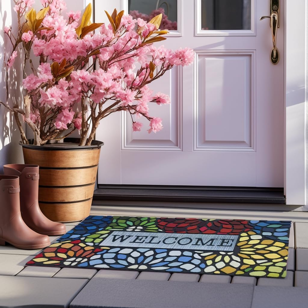 Colorful Welcome Door Mat, Welcome Mat 24x 36 Inch Front Doormat Outdoors Entrance Outdoors Mats for Outside Entry
