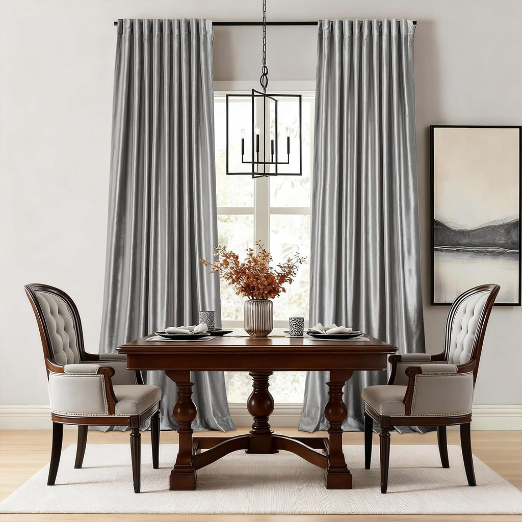 100% Full Blackout Silver Grey Velvet Curtains 96 inch Long,Set of 2 Panels Liner Rod Pocket Back Tab Thermal Window