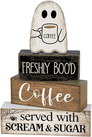 Halloween Coffee Table Decor Wooden Ghost Coffee Bar Sign - Set of 4