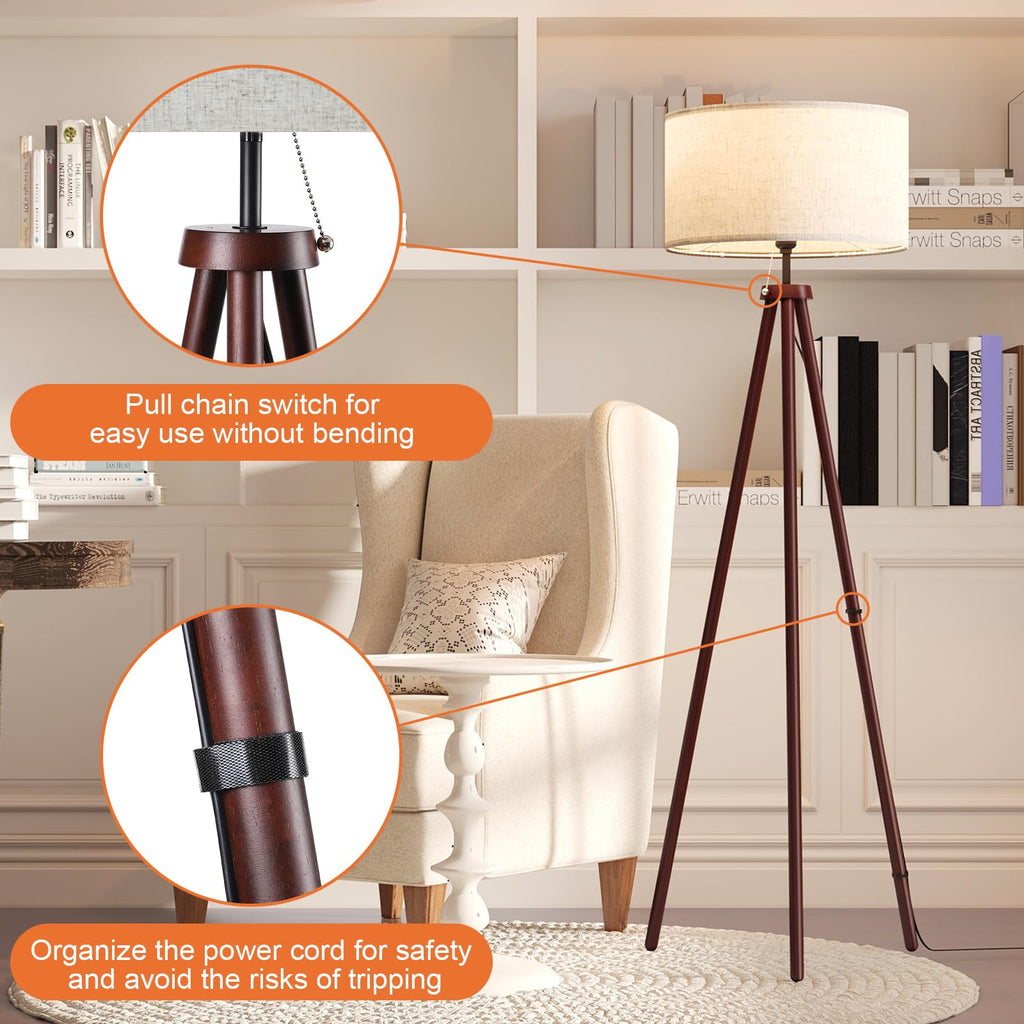 Wood Tripod Floor Lamps, and Office, Corner lamp with Beige Linen Shade, 12W Three-Color Bulb Included, Pull Chain