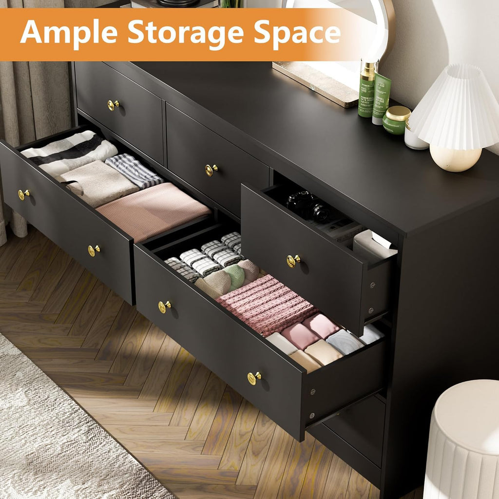 Black 7 Drawer Dresser, 55'' Wide Wood Chest of Drawers with Gold Handles, Modern Large Dressers Organizer, TV