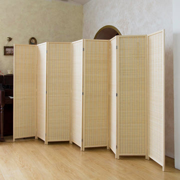 8 Panel Bamboo Room Divider - 5.6 ft Tall Natural Beige Folding Privacy Screen, Double-Sided Freestanding Partition