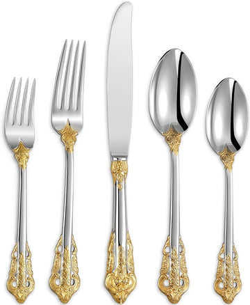 Luxury 20 Pieces 18/10 Stainless Steel Flatware set, Service for 4, silver plated with gold accents
