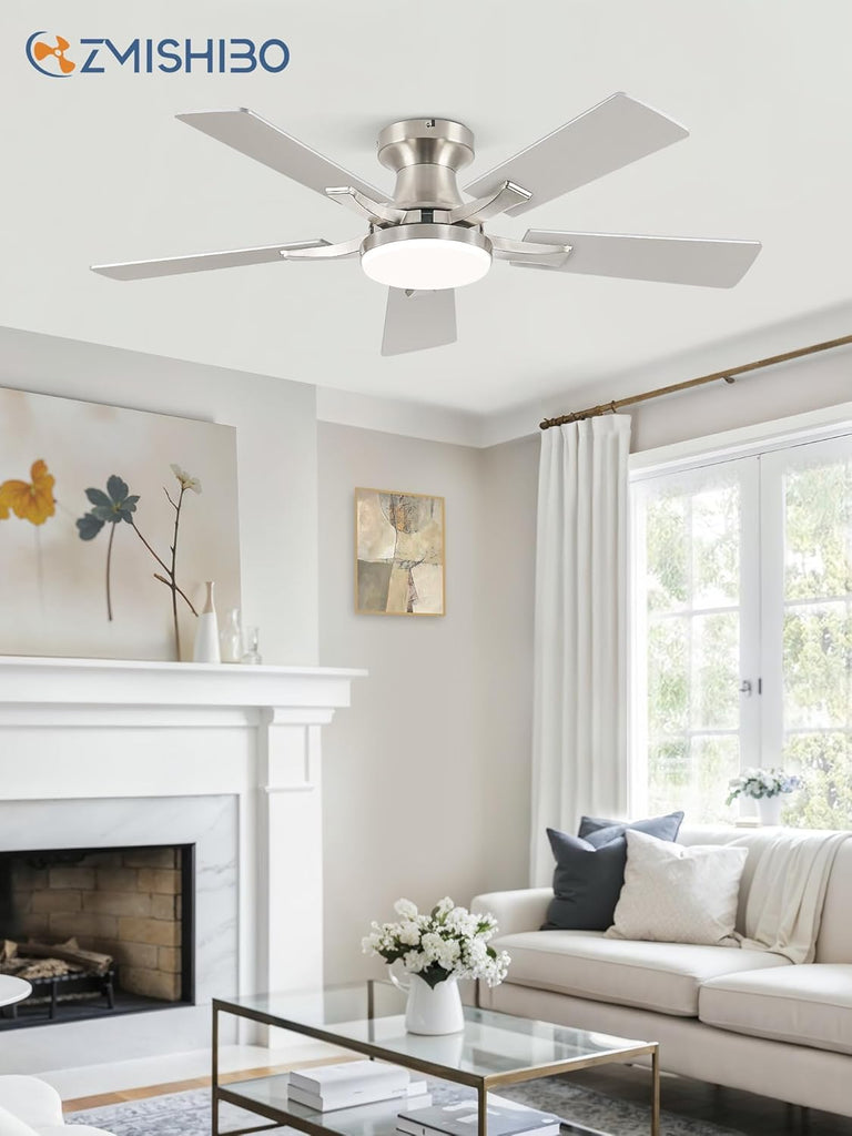 42 Inch Ceiling Fan with Light, App&Remote Control, Flush Mount Low Profile, Dimmable 20W LED Light, Quiet Reversible Motor for Bedroom, Living Room, Apartment, Nickel A101-B0F8B6BXSD