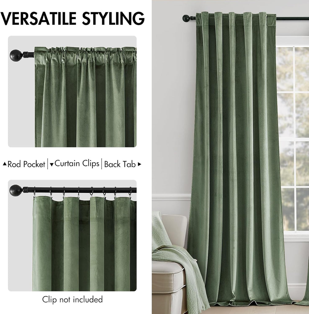 Sage Green Velvet Curtains 96 inches Long - Luxury Blackout Curtains for Bedroom Living Room Thermal Insulated Super