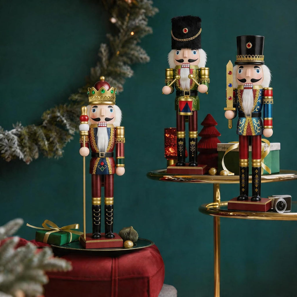 Christmas Nutcracker Set of 3 15-Inch Wooden King and Soldier Nutcracker Figurine Display Set for Christmas