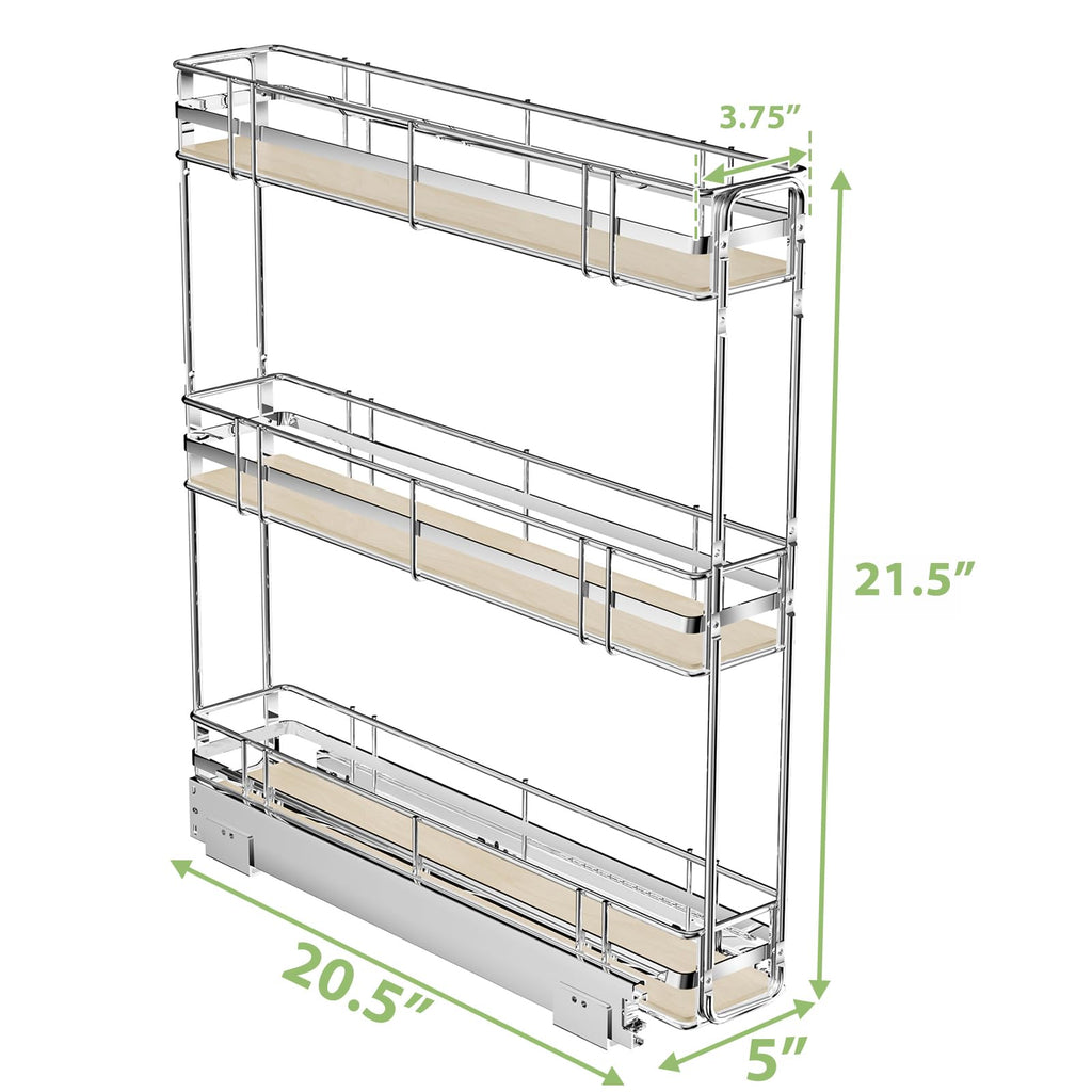 Pull Out Cabinet Organizer Spice Rack for Narrow Cabinet 5" W x 201⁄2" D, Slide Out Wood Shelves Storage