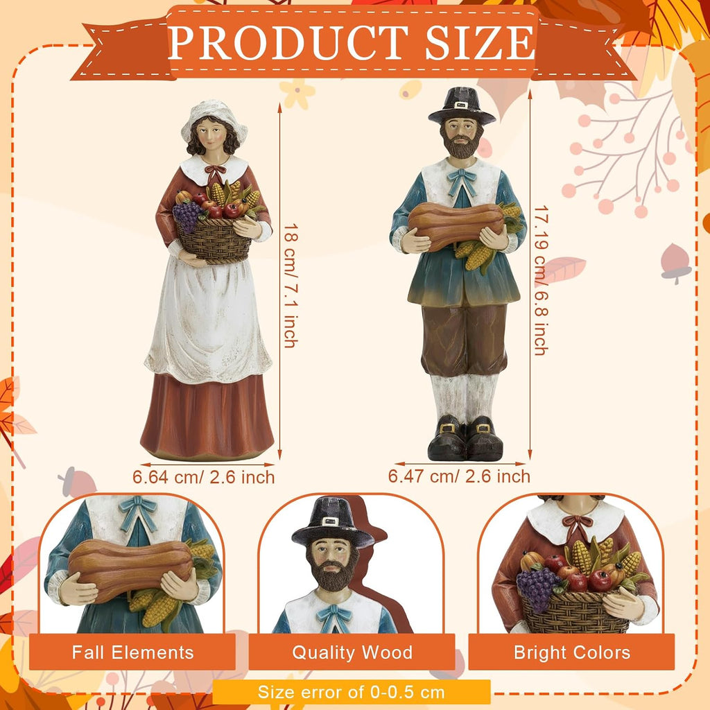 Thanksgiving Decoration Wooden Pilgrim Figurines Couple Statue - Set of 2