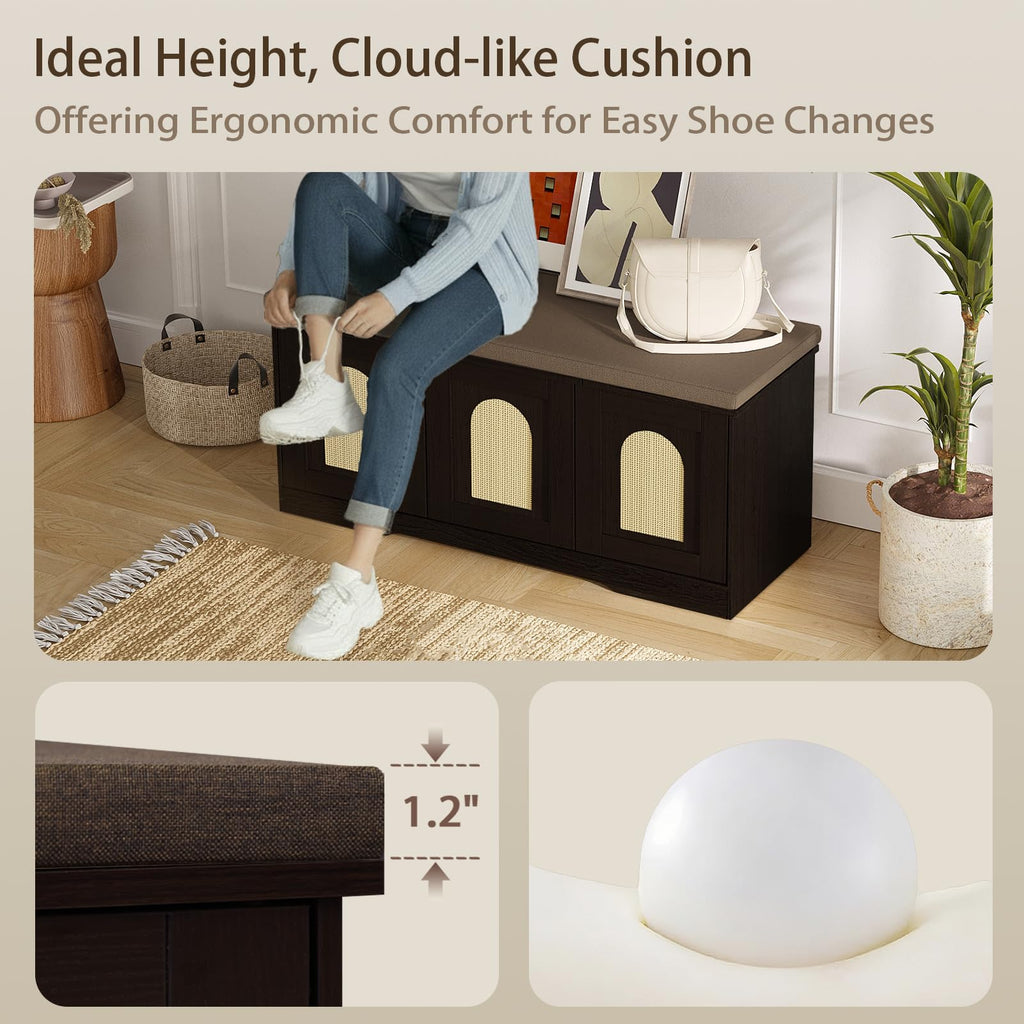 Shoe Storage Bench with Cushion, Door, Espresso Oak 39.4"LX17.7"H