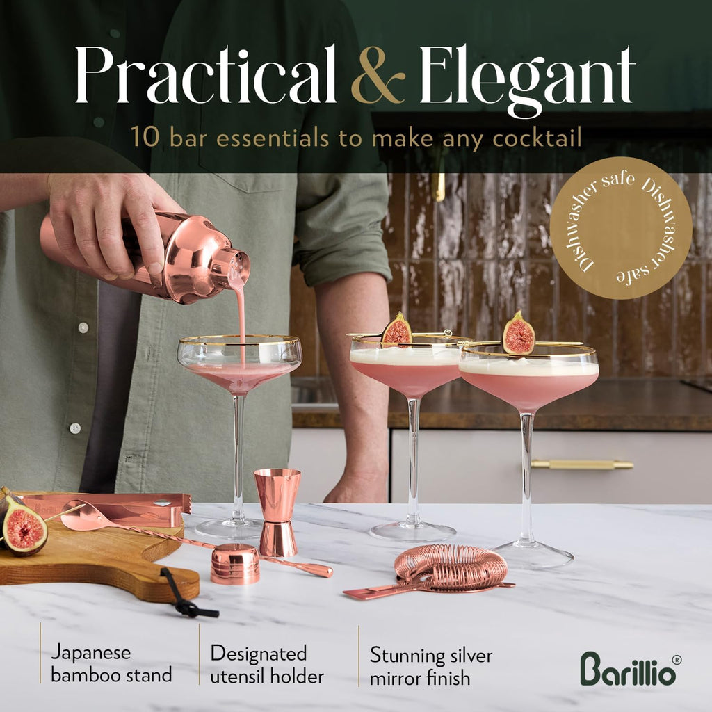 Rose Gold Bartender Kit - Stainless-Steel Cocktail Shaker Set w/Bamboo Stand - Mixology Bar Tools w/Shaker, Drink - Set of 6