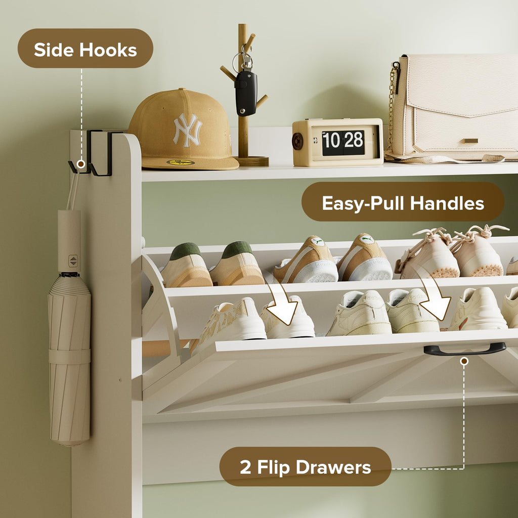 Shoe Storage Cabinet, 2 Flip Drawers Shoe Organizer, Elegant 2-Tier Freestanding Shoe Cabinet with Anti-Tipping