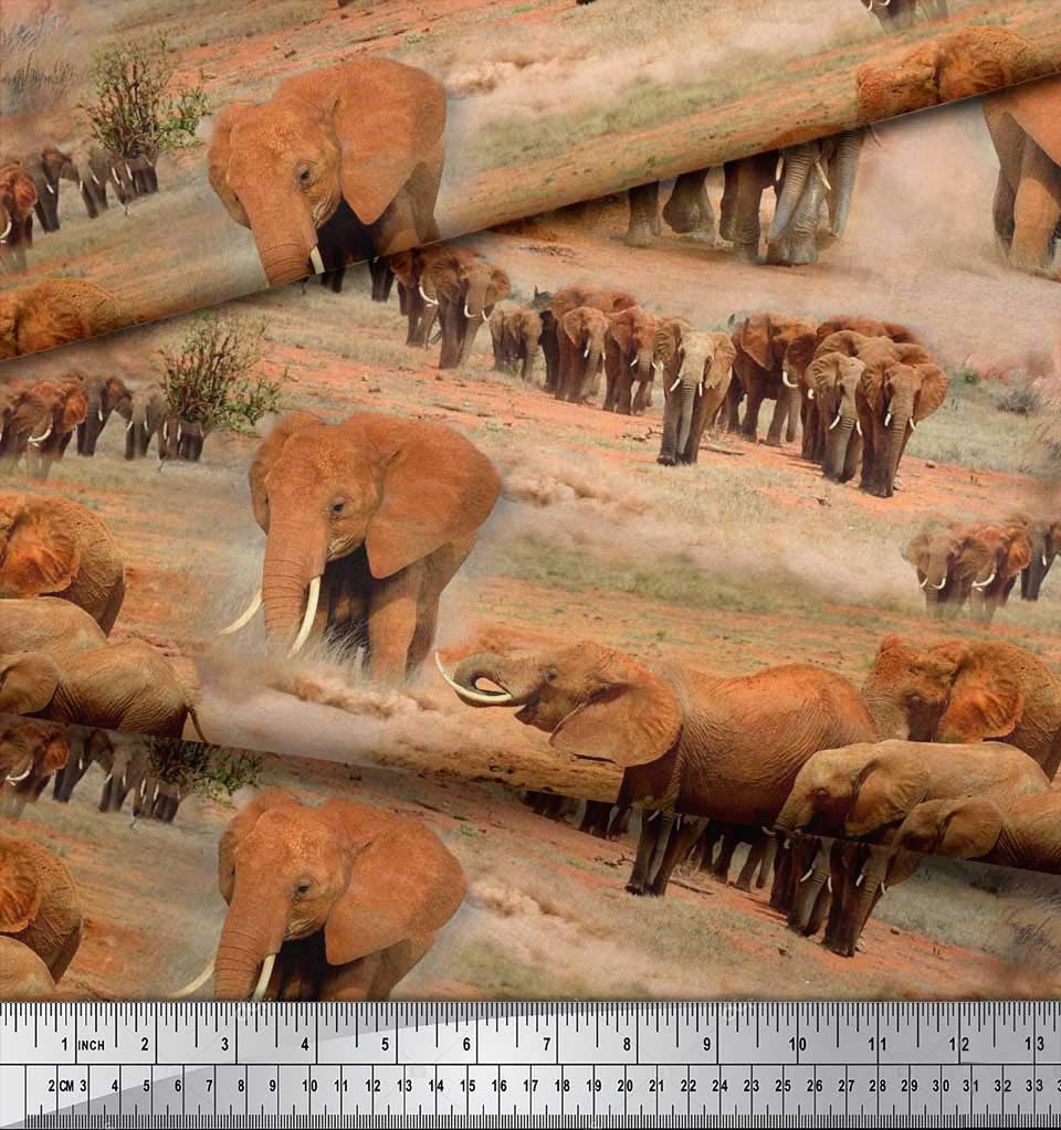 Cotton Jersey Orange Fabric - by The Yard - 58 Inch Wide - Tree & Elephant Animal Fusion Textile - Nature-Inspired