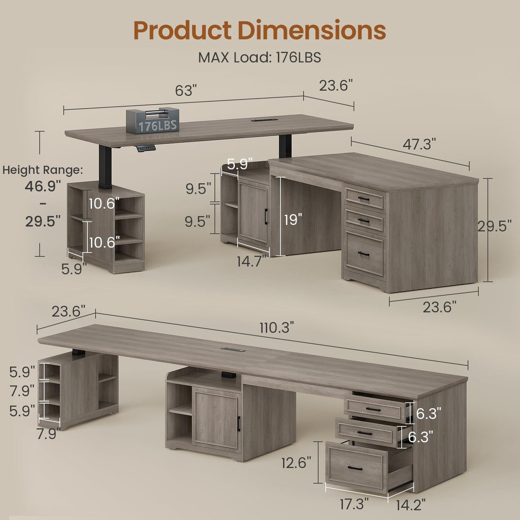Farmhouse L Shaped Standing Desk with Storage, Grey