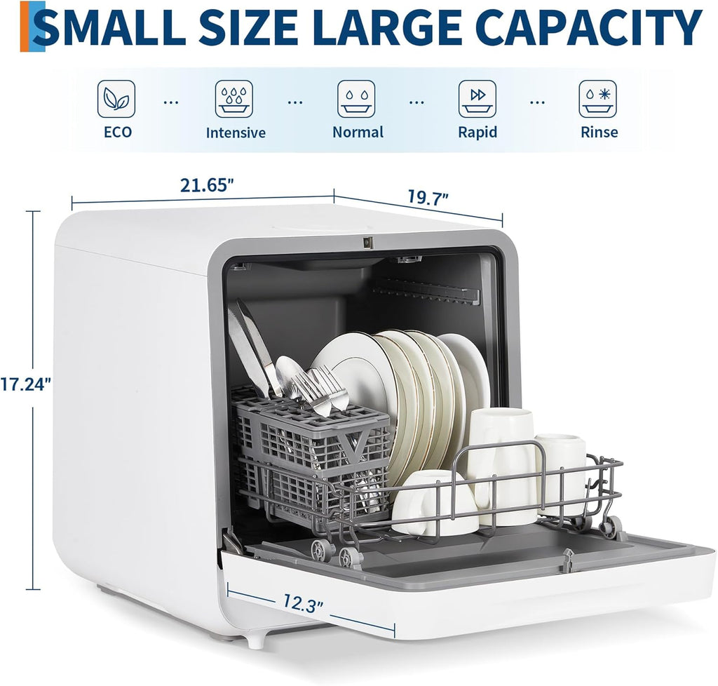 Portable Dishwasher Countertop with Large LED Display - No Plumbing Needed, 5 L Built-In Tank & Faucet Dual Inlet
