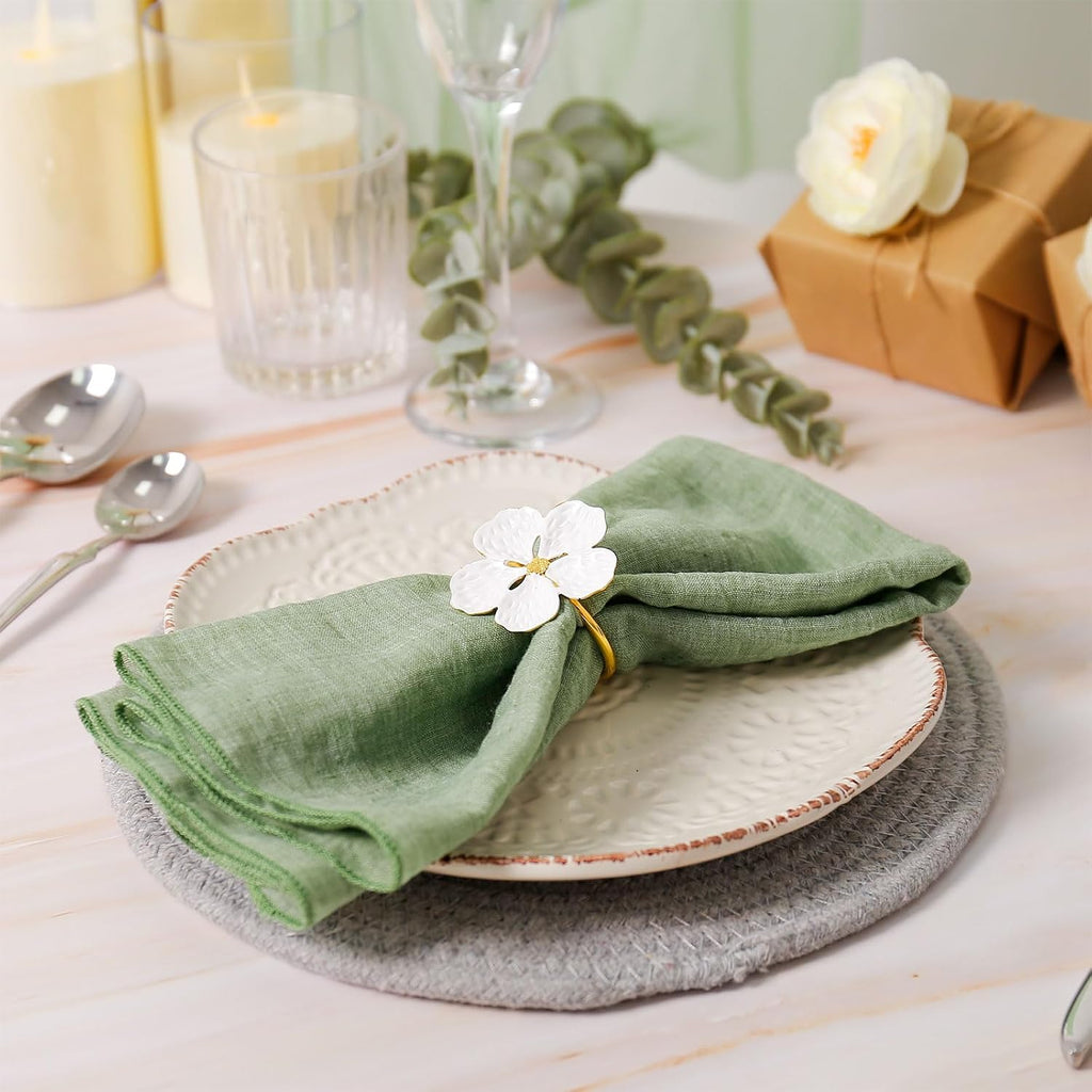 White Flower Napkin Rings, Metal Napkin Holder Rings Table Decorations for Wedding,Fall,Daily - Set of 12