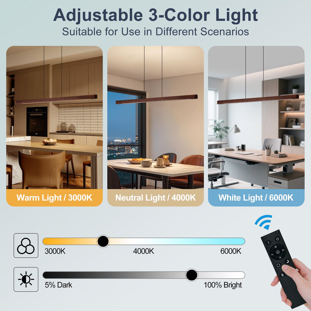 43" Wood Linear Pendant Light, Dimmable Kitchen Island Lighting with Remote, 24W LED Hanging Pendant Light