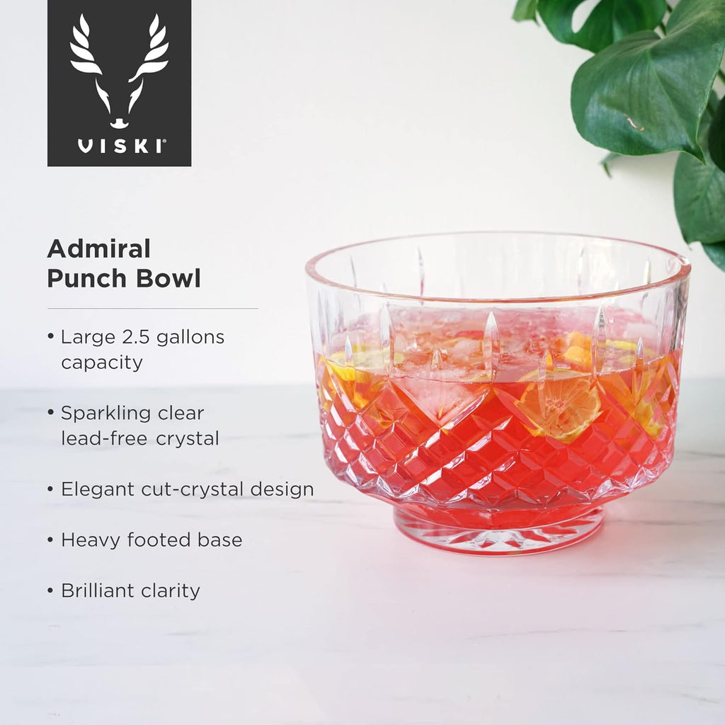 Admiral Punch Bowl Set with 8 Tumblers, Cut Crystal Cocktail Party Serveware, Dishwasher Safe, 2.5 Gallons, 9 Oz