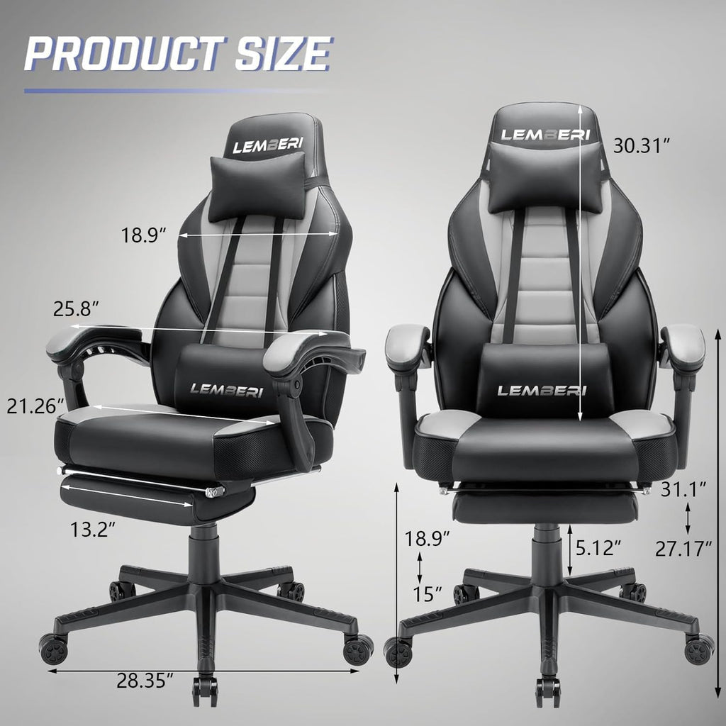 Ergonomic Gaming Chair with Footrest, 400lb Weight Capacity, Gray | Big and tall racing style computer video game