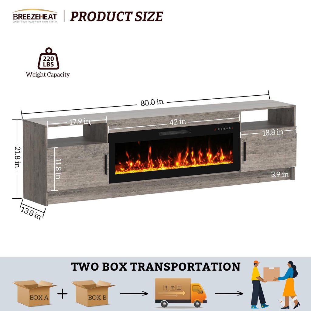 Electric Fireplace TV Stand with 42 inch Fireplace Up to 90" TVs-Led Entertainment Center, High Glossy Doors-80 inch