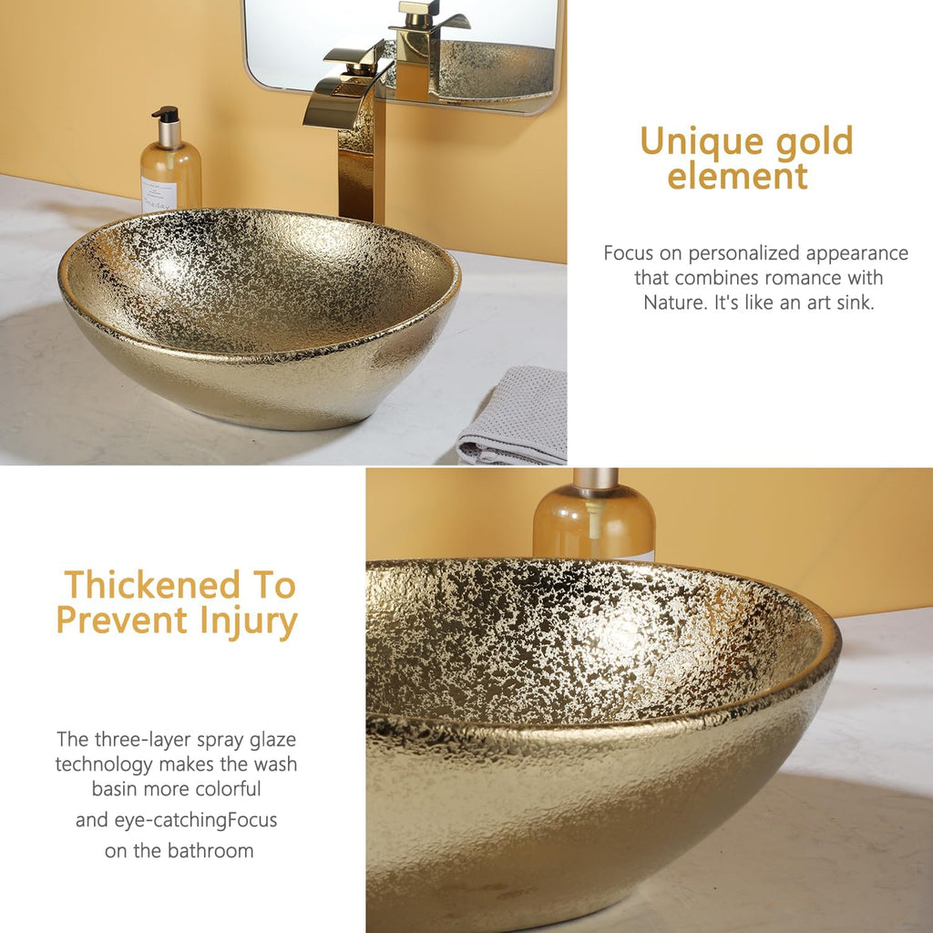 16" Gold Bathroom Sink Ceramic Vessel Sinks for Bathrooms Above Counter Bathroom Sink Oval Vessel Sink with Faucet