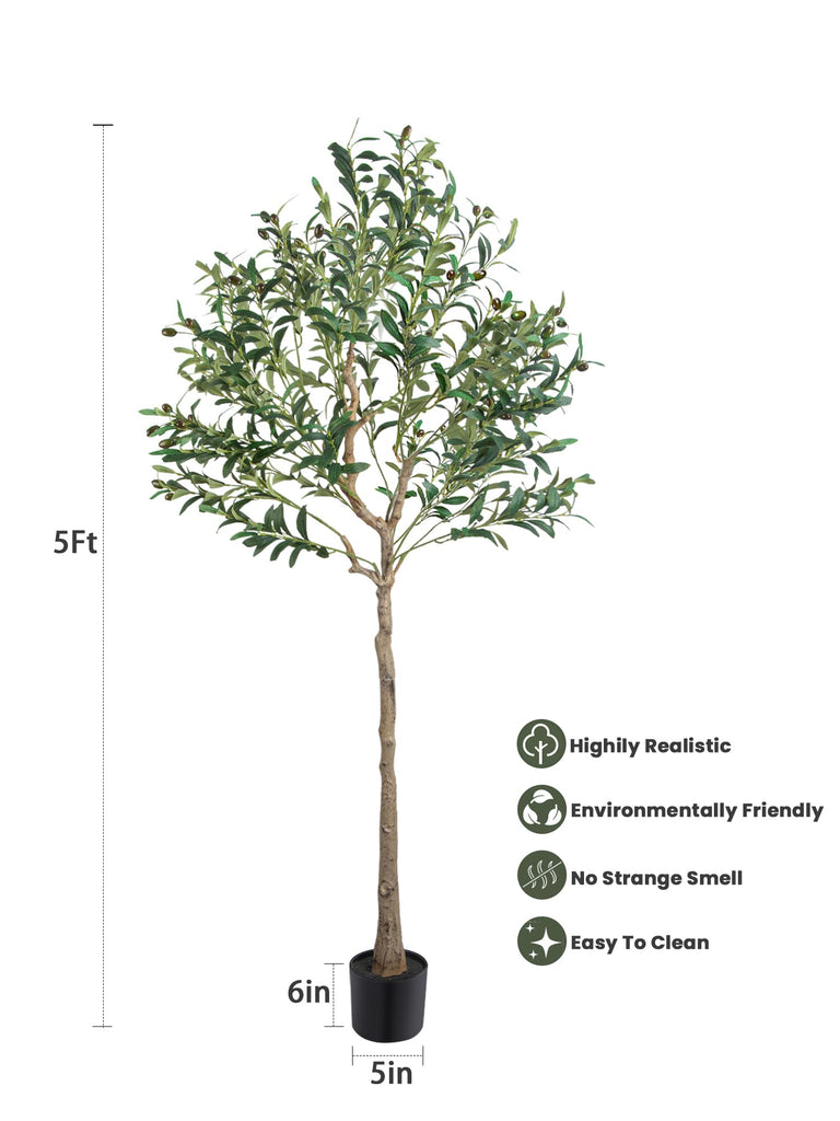 5FT Artificial Olive Tree - Realistic Faux Silk Plant with Thick Trunk, Fluffy Branches, Dense Leaves & Plump Fruits