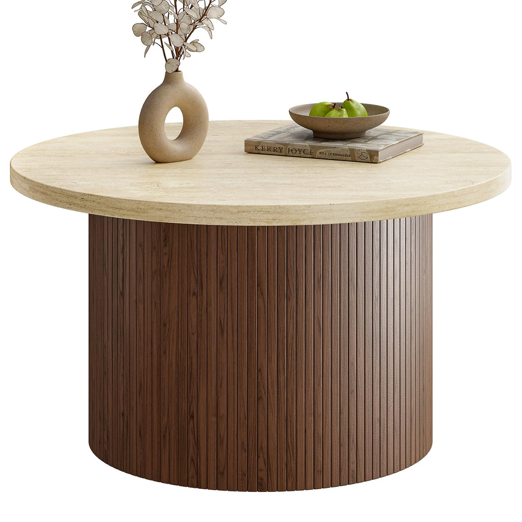 31.5" Round Coffee Table, Tambour Design, Travertine & Walnut