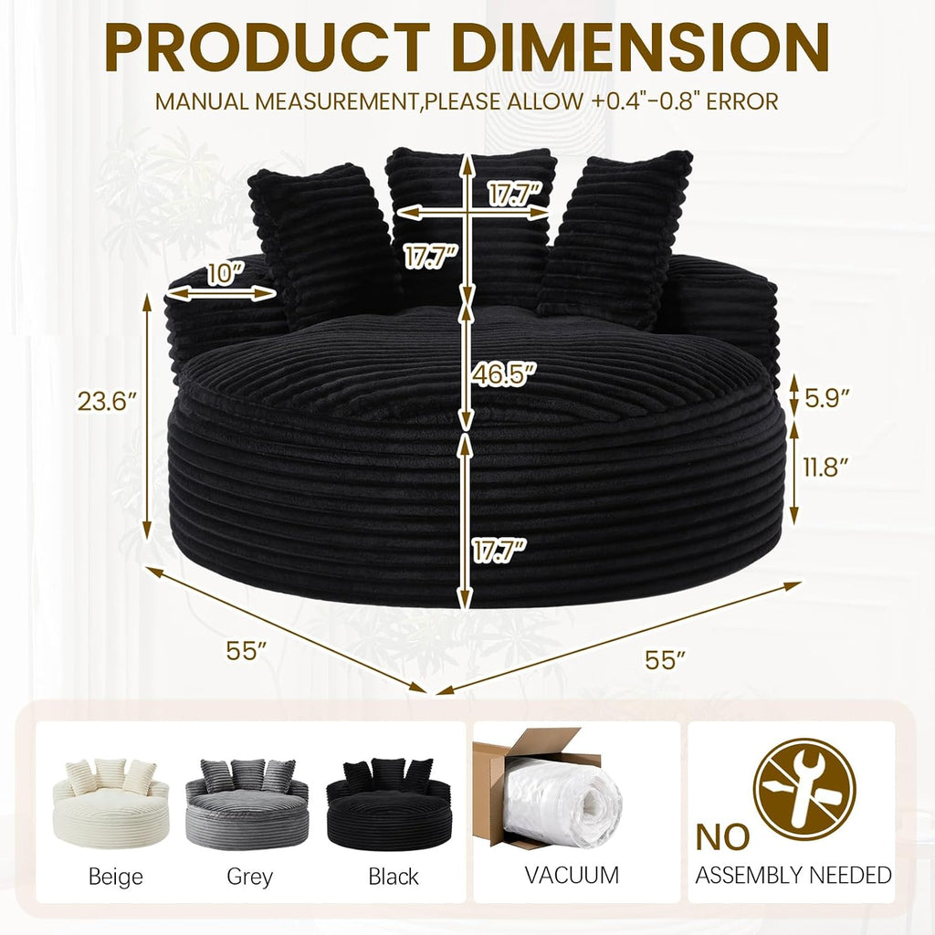 55'' Oversized Round Boneless Chair, Cozy Corduroy Cloud Chair with 3 Pillows, Deep Seat Chaise Lounge Chair Indoor