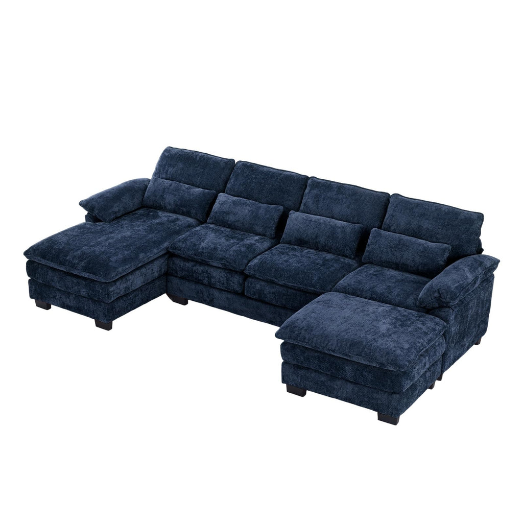 113" U Shaped Cloud Sectional Couch with Ottoman, Chenille Sofa, Dark Blue