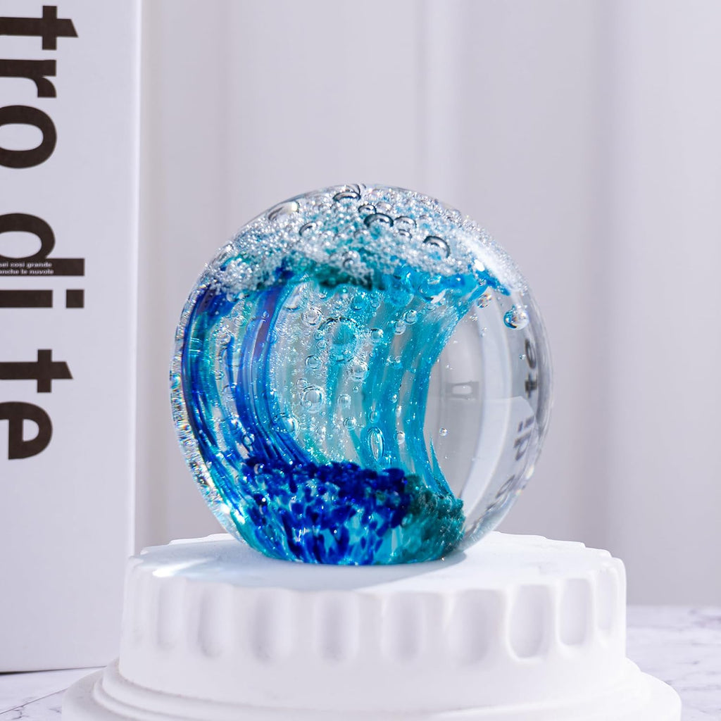 3.15" Ocean Wave Art Glass Paperweight, Hand Blown s Collectibles, Ocean Waves Decor Coastal Beach