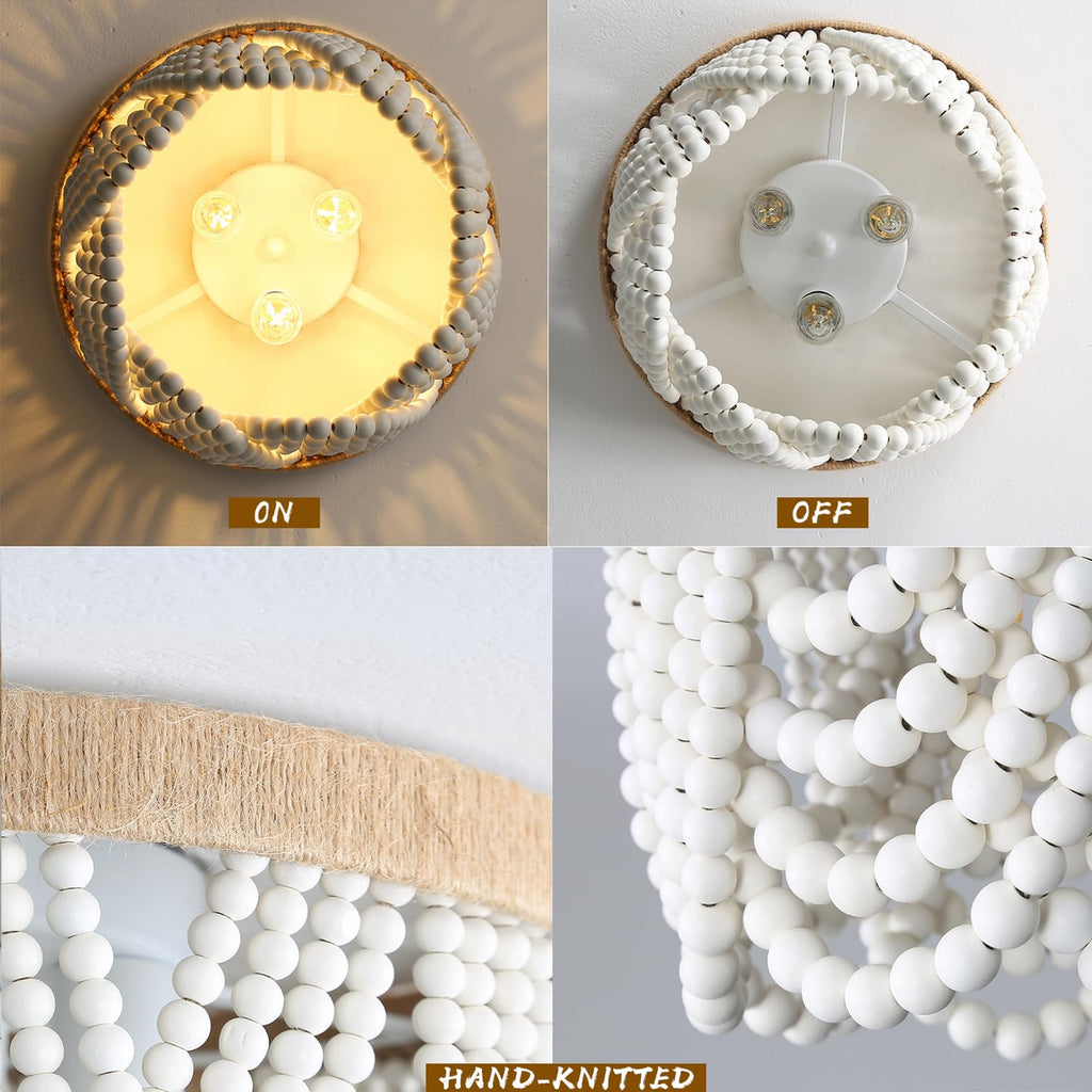 Bohemian Wood Beaded Ceiling Lamp 3-Light, White Beads