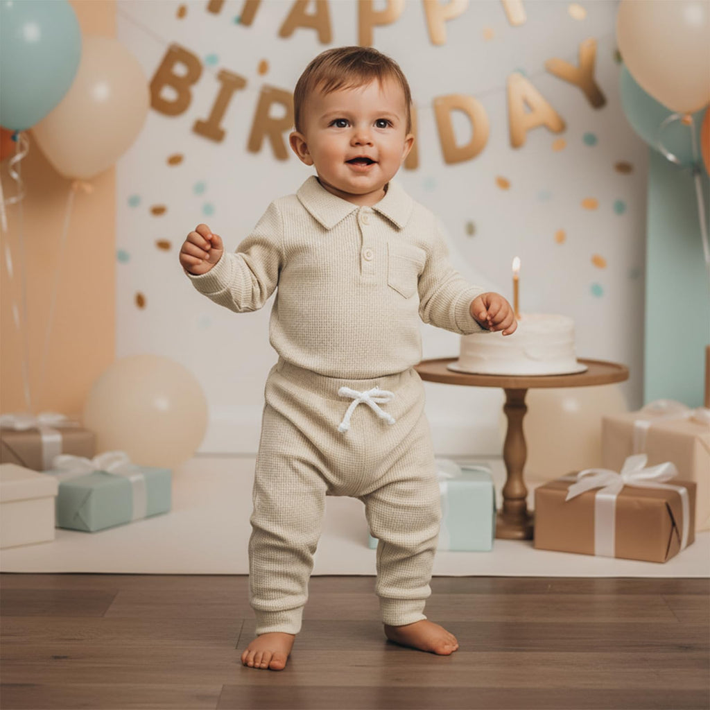 Newborn Baby Boy Clothes Solid Waffle Knit Long Sleeve Button Up Collared Romper Long Pants Set Fall Winter Outfits