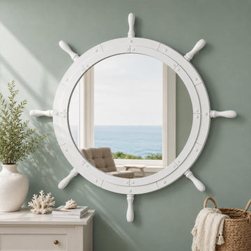 Nautical Ship Wheel Mirror Wall Mounted, White Handle, 30 Inch